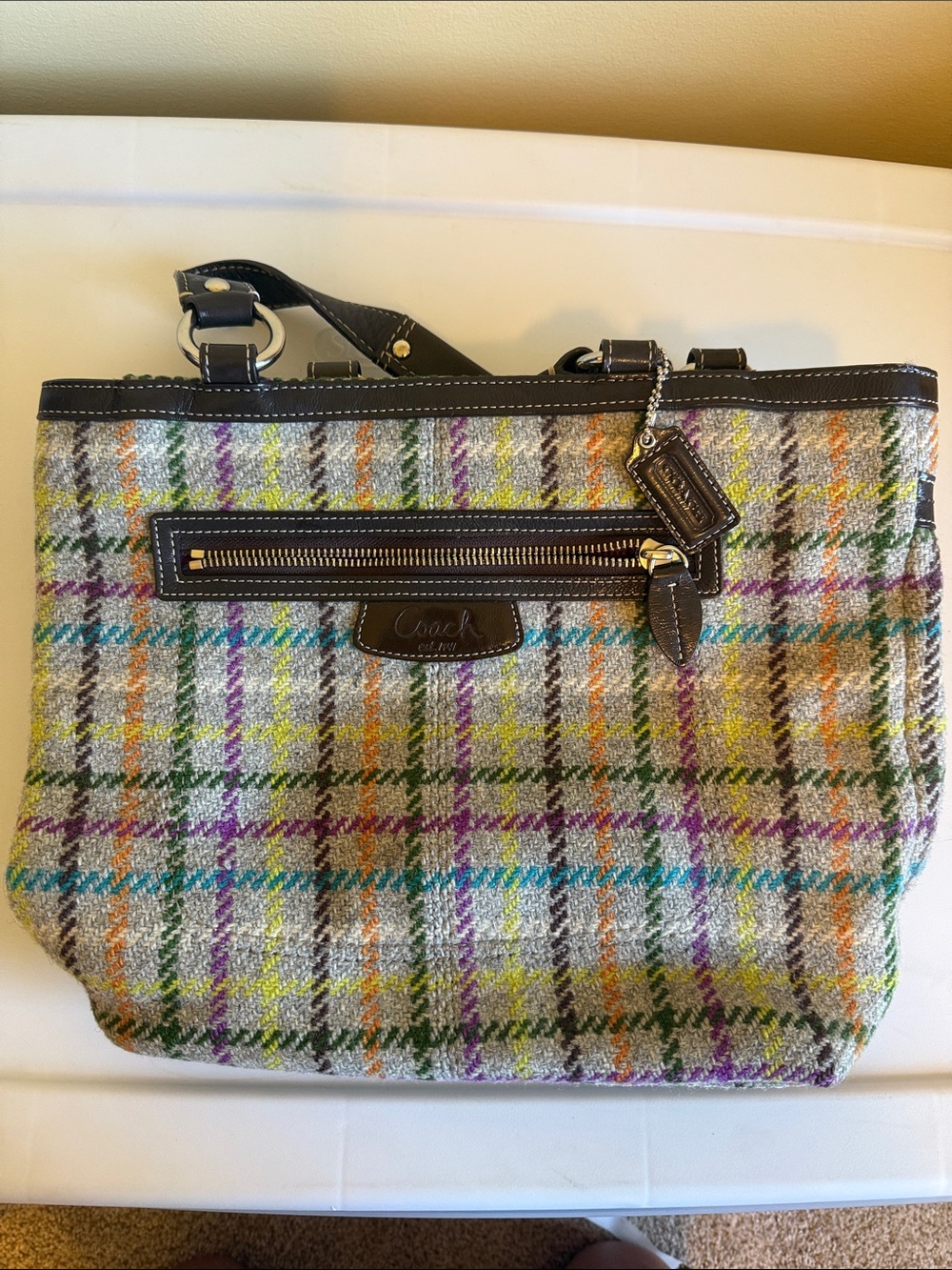 Coach Multicolor Plaid Tweed Tote with Brown Leather Trim